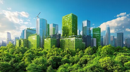 Fototapeta premium Visionary green city, seamless blend of nature and urban innovation, eco-friendly skyscrapers, parks and renewable energy hubs, vibrant sunny day, wide-angle composition with copy space. 