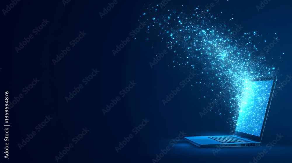 Poster digital laptop emitting sparkling data particles in a dark background