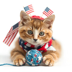 Adorable Kitten Dressed in American Flag Costume Playing with Yarn