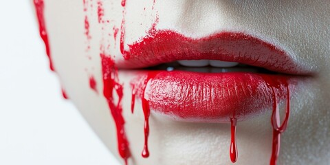Red lips dripping with blood create a striking visual statement during an artistic performance