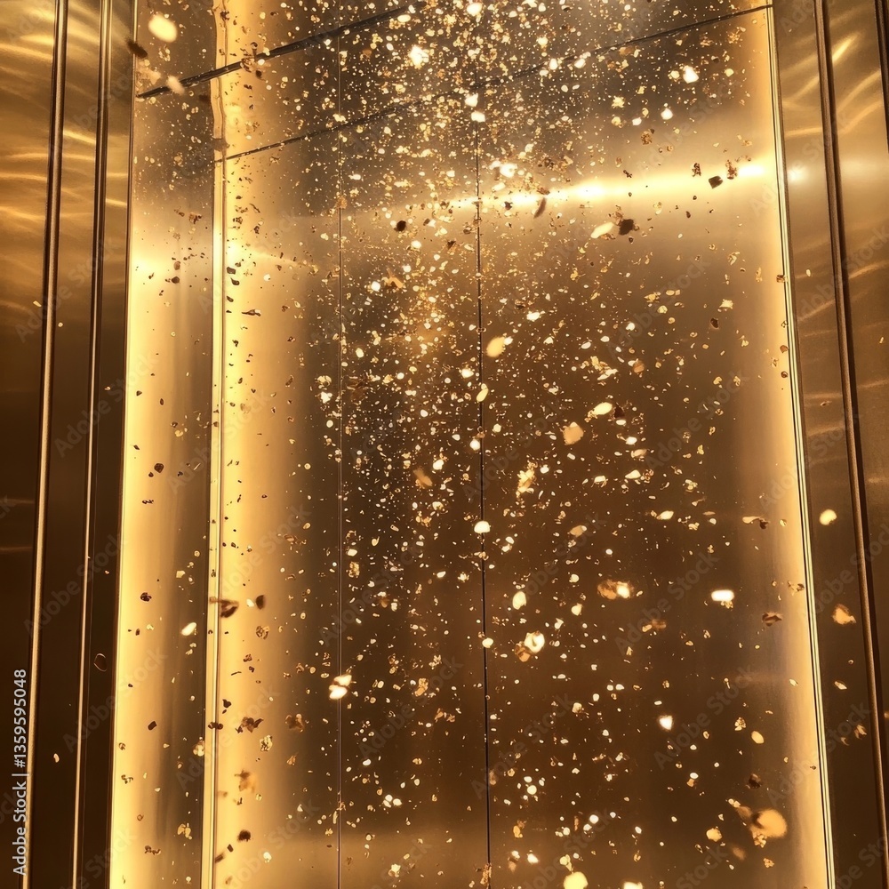 Poster golden elevator facade adorned with randomly distributed specks of various sizes reflecting light