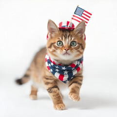 Cute Kitten in American Flag Hat and Scarf for Independence Day