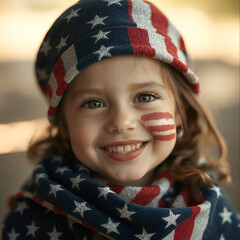 Smiling Girl with American Flag Face Paint and Patriotic Outfit