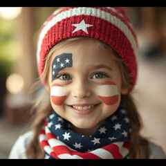 Smiling Girl with American Flag Face Paint and Patriotic Outfit