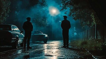 Two silhouetted police officers stand on a wet road at night, cars nearby, under a street light. - Powered by Adobe