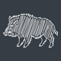 Stylized Wild Boar Illustration, White on Dark