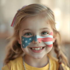 Smiling Girl with American Flag Face Paint and Patriotic Outfit