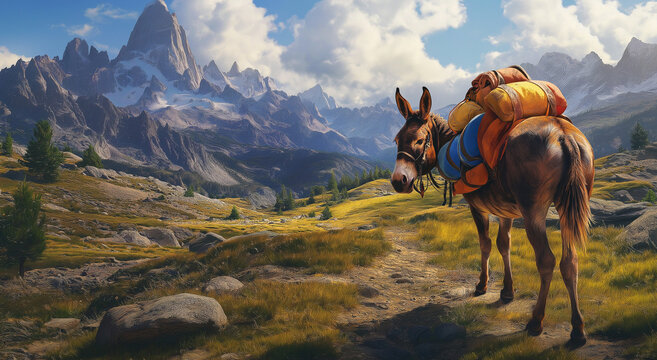 Um burro robusto carrega mochilas coloridas ao longo de um caminho rochoso em uma paisagem remota cercada por picos majestosos e pastagens extensas