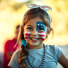 Smiling Girl with American Flag Face Paint and Patriotic Outfit
