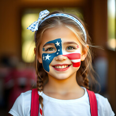 Smiling Girl with American Flag Face Paint and Patriotic Outfit