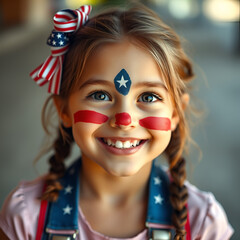 Smiling Girl with American Flag Face Paint and Patriotic Outfit