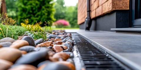 Detail of a modern landscape design featuring a drainage system with pebbles and plants near a contemporary building
