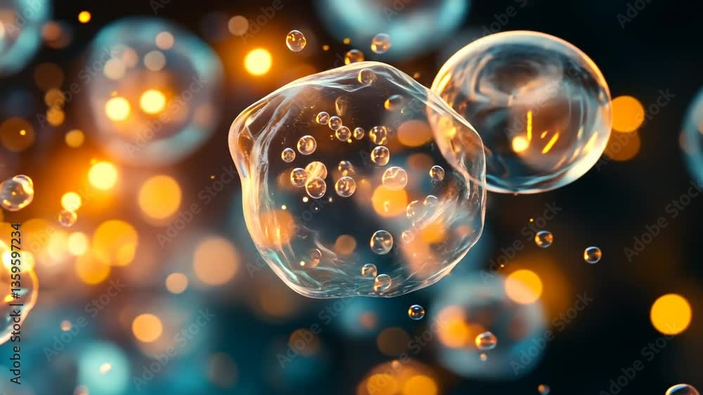 Poster capturing the beauty of bubbles with golden reflections in an abstract setting