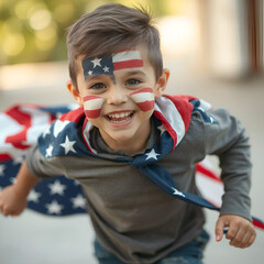 Happy Boy with American Flag Face Paint and Cape Celebrating Independence Day