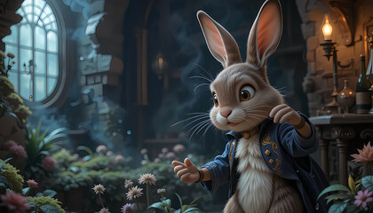 Dressed Rabbit Gesturing in a Lush, Whimsical Garden Setting Illustration