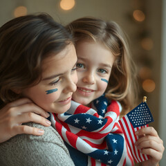 Smiling Girl with American Flag and Mom Celebrating Independence Day