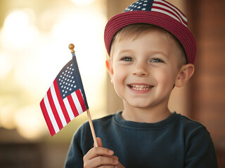 Energetic Boy Running with American Flag on Independence Day