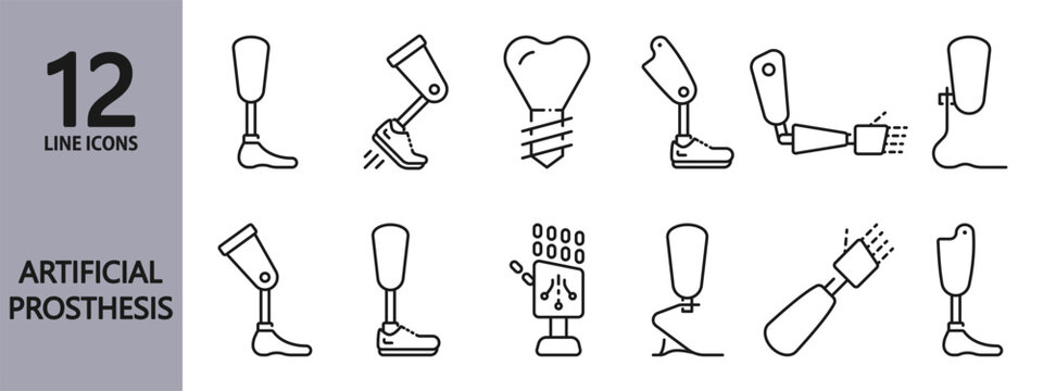 Artificial Prosthesis line icons set with Limb, Bionic, Implant, Foot and more. Editable Stroke