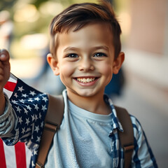 Energetic Boy Running with American Flag on Independence Day