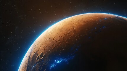 Naklejka premium Planet with Glowing Atmosphere and Stars, A stunning view of a planet's surface with a glowing atmosphere and distant stars