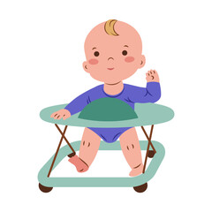 Cute baby walker. A little kid waving hand sitting on baby walker.
