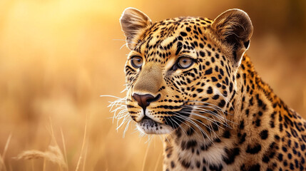 Majestic leopard portrait with a blurred savanna background, powerful wildlife photography, Generative AI
