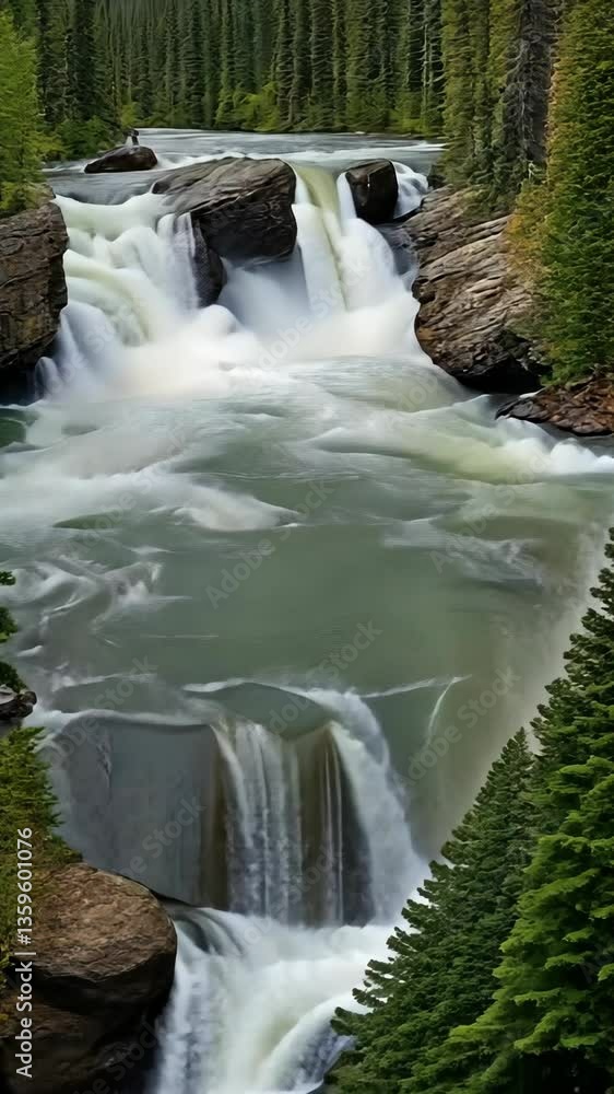 Poster cascading waterfall flows into serene river surrounded by lush forest in a tranquil landscape settin