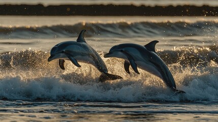 Obraz premium A wide-angle shot of dolphins playfully leaping in the golden light of dusk, their bodies casting long shadows on the waves