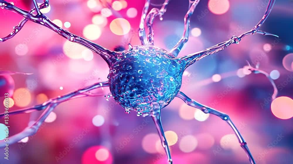 Aufkleber discovering the intricate details of a neuron illuminated by vibrant colors and light effects in a m