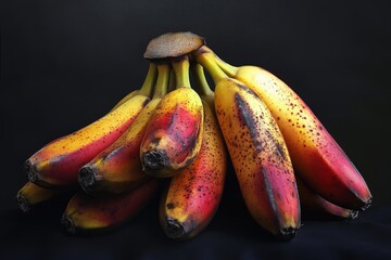 A colorful bunch of ripe bananas against a black background
