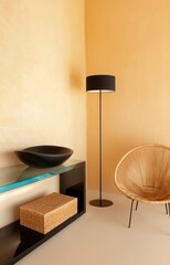 A sophisticated space featuring a curved floor lamp