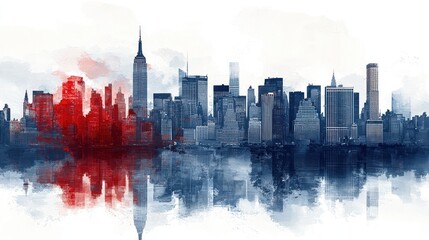 Obraz premium Watercolor Cityscape: Urban Reflections in Red and Blue Artistic Palette