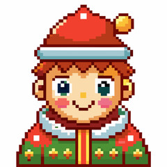 Fototapeta premium Pixel Art Christmas Elf with Red Hat and Green Outfit Festive Holiday Character Illustration
