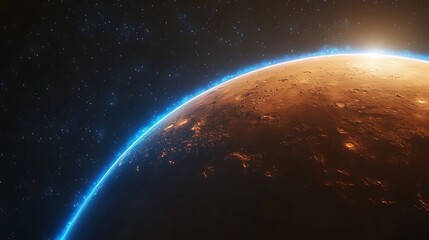 Naklejka premium Planet with Glowing Atmosphere and Stars, A stunning view of a planet's surface with a glowing atmosphere and distant stars