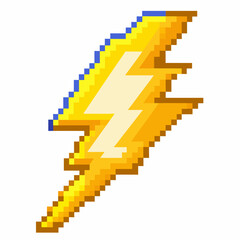 Fototapeta premium Pixel Art Yellow Lightning Bolt Icon, Retro 8 bit Style, Isolated on White Background