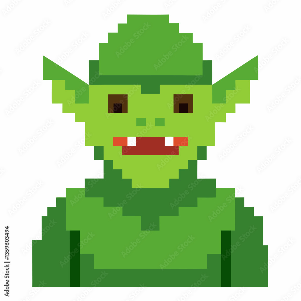 Poster pixel art of green elf with pointy ears and red eyes in 8 bit style