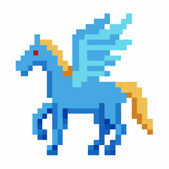 Pixel Art Blue Pegasus with Yellow Mane and Blue Wings  Retro Gaming Mythical Creature