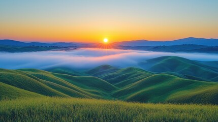 Fototapeta premium Breathtaking Sunrise Over Rolling Hills in Serene Landscape