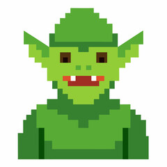 Pixel Art of Green Elf with Pointy Ears and Red Eyes in 8 Bit Style