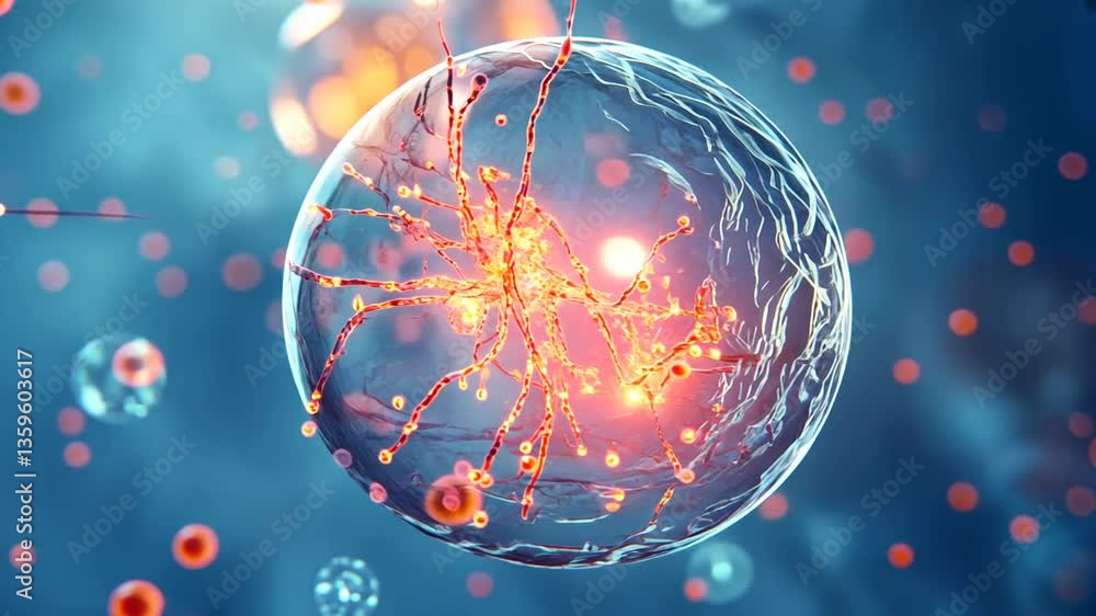 Poster exploring cellular biology in a microscopic environment highlighting vibrant cellular structures and