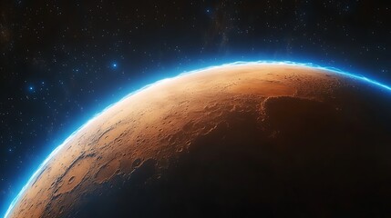 Naklejka premium Planet with Glowing Atmosphere and Stars, A stunning view of a planet's surface with a glowing atmosphere and distant stars