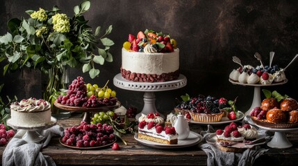 Lavish dessert table with cakes and fruits