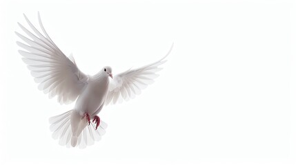 Obraz premium A beautiful white dove is flying with its wings spread wide. The dove is a symbol of peace and love.