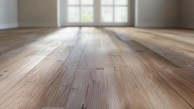 Close-up shot of empty fashionable living sitting lounge room with wooden laminate floor and light from the window behind. Home parquet with brown wooden texture as blank mock-up space.6