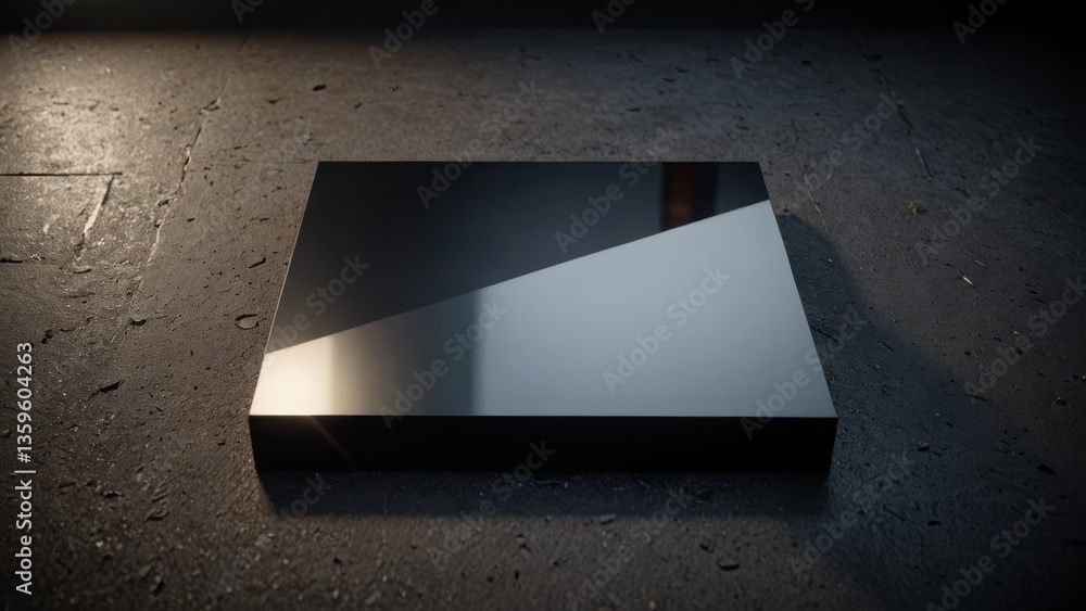 Poster glossy rectangular block reflecting light on a textured floor in a dim setting