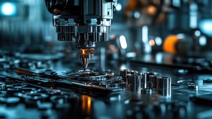 Industrial factory scene with an automated metal stamping machine pressing sheet metal parts, polished steel surface below