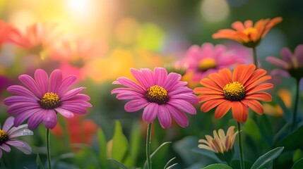 Obraz premium Vivid pink and orange flowers bloom in a sunlit garden, surrounded by lush greenery and morning dew, radiating a cheerful spring vibe with soft natural bokeh.