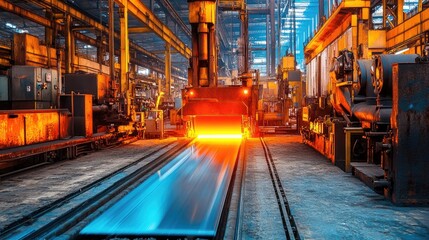 Obraz premium Metal stamping factory, automated machinery shaping sheet metal with high precision, reflective steel background