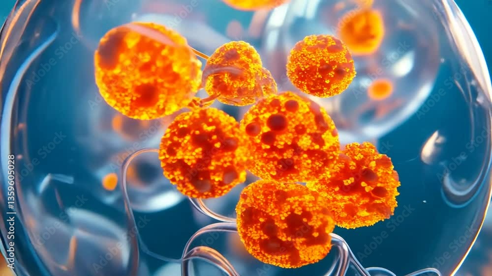Poster exploring the intricate structures of cells and their vibrant orange particles under a microscope
