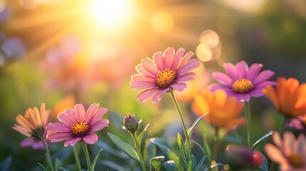 Vivid pink and orange flowers bloom in a sunlit garden, surrounded by lush greenery and morning dew, radiating a cheerful spring vibe with soft natural bokeh.